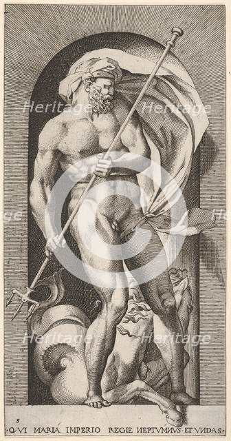 Plate 5: Neptune standing in a niche holding a trident, with a hippocampus (sea-horse) beh..., 1526. Creator: Giovanni Jacopo Caraglio.