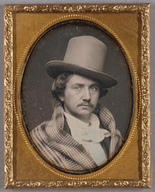 Portrait of a Moustachioed man wearing a large, tall hat, 1850s. Creator: Unknown.