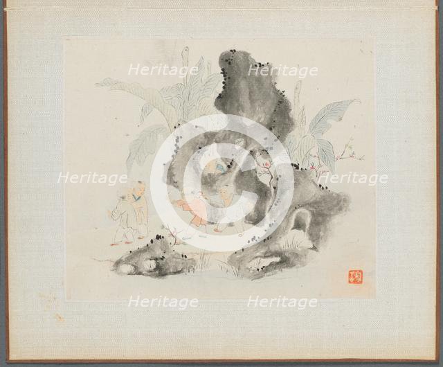 Album of Landscape Paintings Illustrating Old Poems: Children Play in a Rocky Grove, 1700s. Creator: Hua Yan (Chinese, 1682-about 1765).