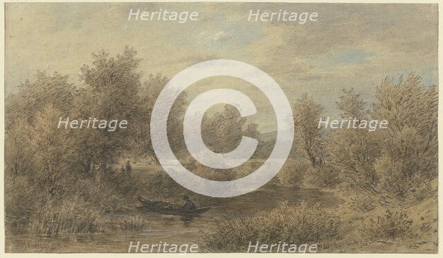 A boat with a ferryman stops at the bank (scene on the Nied River), mid-late 19th century. Creator: Jakob Maurer.