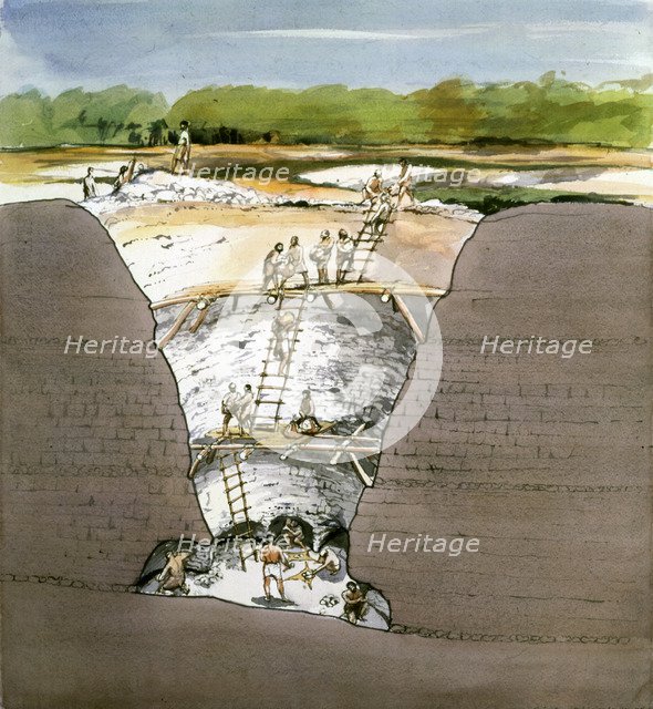Cutaway Section through Grime's Graves, Neolithic Flint Mine, Norfolk, 1987.  Artist: Terry Ball