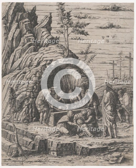 The Entombment of Christ who is being lowered by two men into a stone tomb before..., ca. 1470-1500. Creator: Giovanni Antonio da Brescia.