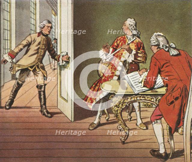 The Crown Prince and his music teacher are interrupted during a flute lesson, 1729, (1936). Creator: Unknown.