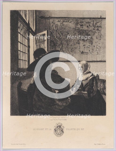 Officer and Laughing Girl, after Vermeer, 1866. Creator: Jules-Ferdinand Jacquemart.