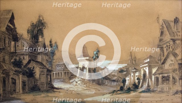 Stage design for the theatre play Posadnik by A. Tolstoy, 1878.