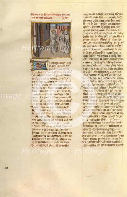 The Arrival of an Apostle at the House of Mary; Miroir Historial, about 1475. Creator: Unknown.