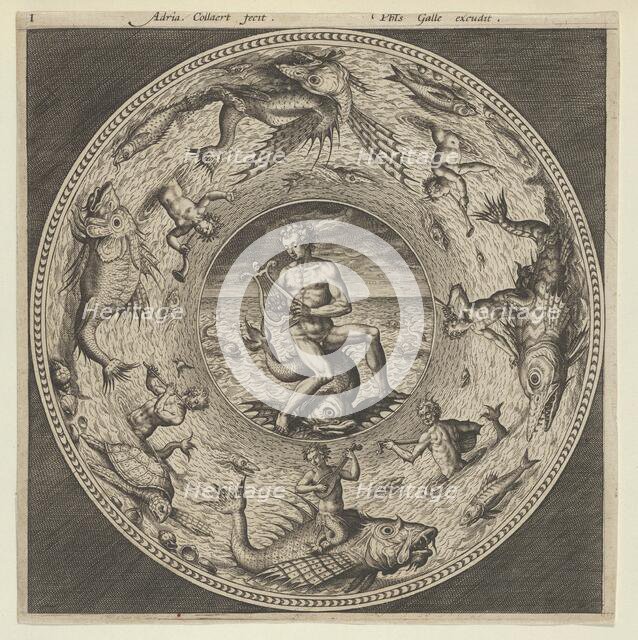Design for a Plate with Arion Riding a Dolphin in a Medallion Bordered by Sea Monsters..., c1600. Creator: Adriaen Collaert.