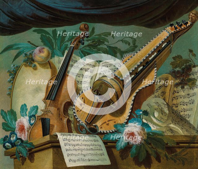 Allegory of music with a violin, a hurdy-gurdy, a framedrum, sheets of music, flowers and fruit... Creator: Jager, Gerke Jans de (ca 1748-1822).