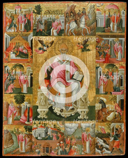 Saint Spyridon, Bishop of Trimythous with scenes from his life, Second Half of the 17th cen.. Artist: Poulakis, Theodore (1622-1692)