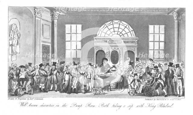 'Well known Characters in the Pump Room, Bath, taking a sip with King Bladud', 1825. Artist: Isaac Robert Cruikshank.