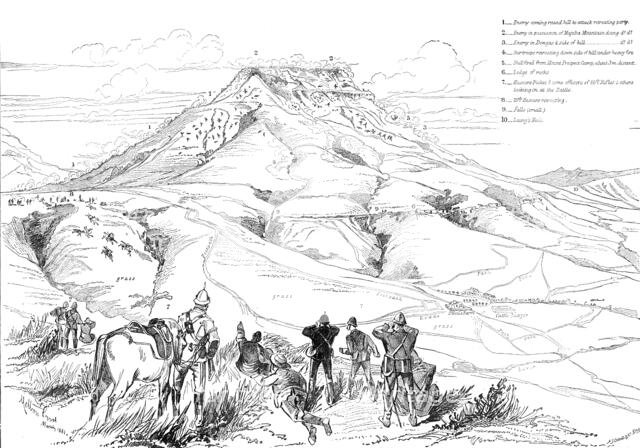 The Transvaal War: sketch plan of the Battle of Majuba Hill, from above Mount Prospect Camp, 1881. Creator: A. S. Cattell & Co..