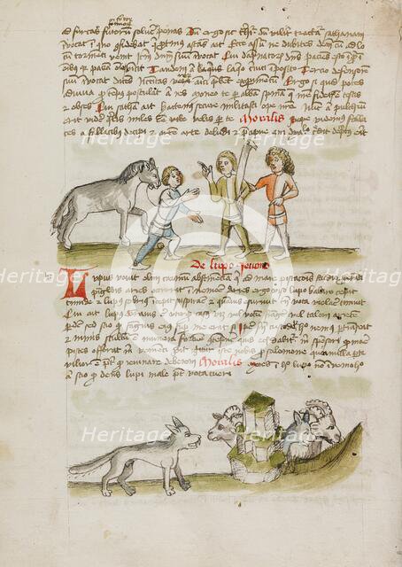 A Man Leading a Horse to Two Other Men: A Wolf before a Flock of..., third quarter of 15th cent. Creator: Unknown.