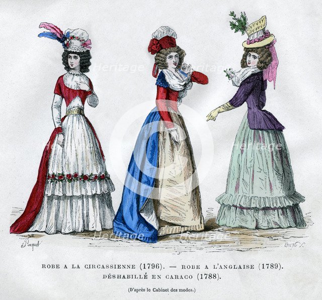 Circassian dress, 1796, English dress, 1789, and caraco housecoat, 1788 (1882-1884). Artist: Unknown