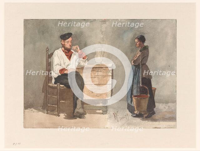 Smoking sailor, woman with yoke and milk buckets, 1879. Creator: Hendrik Valkenburg.