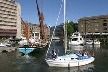 Boats in St Katherine's Dock, London.