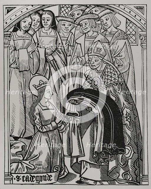 Radegund receiving the habit and being consecrated a deaconess by Medard (456-545)...1513 (1877). Creator: Unknown.