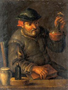 A physician (?) examining a urine-flask, c16th century. Creator: Unknown.