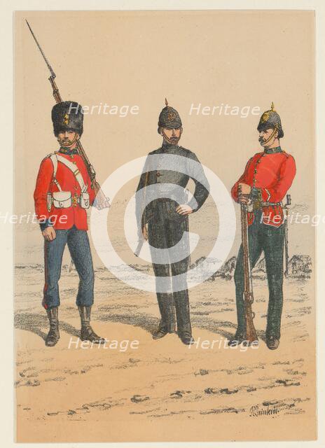 Three British soldiers, 1875-1925. Creator: Richard Simkin.