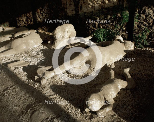 Fossilised corpses found in the Garden of the Fugitives, Pompeii, Campania, Italy, 2008. Creator: LTL.