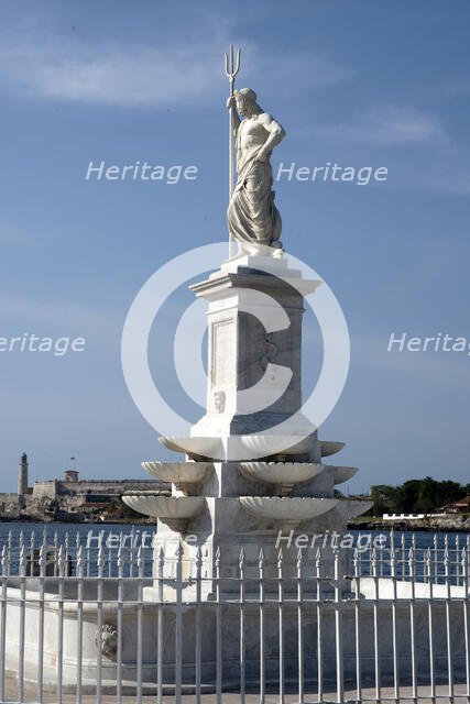The Fountain of Neptune on the famous Malecon, or seafront promenade, Havana, Cuba, 2024. Creator: Ethel Davies.