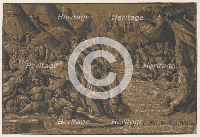 Cloelia the Roman hero in the centre being helped onto a horse, Rome in the background,..., 1540-50. Creators: Niccolo Vicentino, Maturino da Firenze.