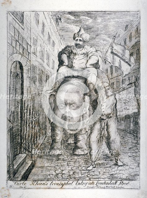 'Carlo Khan's triumphal entry into Leadenhall Street', 1783. Artist: James Sayers