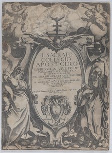 Frontispiece with two figures holding scrolls and cherubs flanking the cartouche at cen..., 1606-07. Creator: Raffaello Schiaminossi.