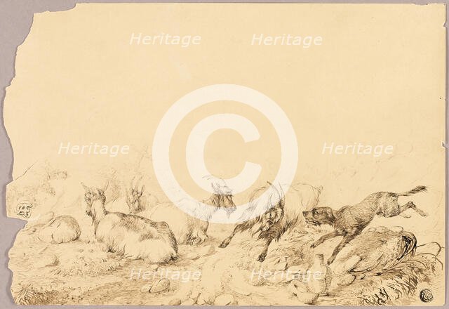 Mountain Goats and Dog, 18th century. Creator: Allwaert of Ghent.