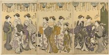 Courtesans and Their Attendants Parading under Lanterns, c. 1780/1801. Creator: Katsukawa Shuncho.