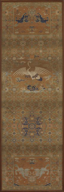 Chair cover with a crane, lions, dragons, auspicious symbols..., Qing dynasty, 18th century. Creator: Unknown.