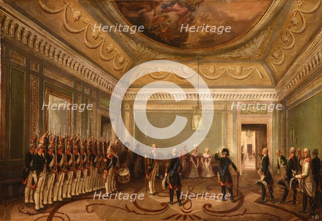 Paul I in front of the guards saluting Maria Feodorovna (Changing of the guard in the Anteroom),1845 Creator: Schwarz, Otto Gottlieb (1800-1862).