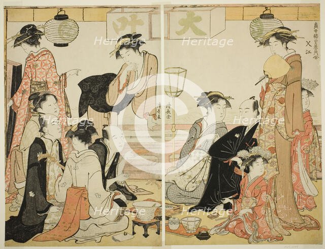 Entertainers of Nakazu, from the series "A Collection of Contemporary Beauties of the...,c. 1784. Creator: Torii Kiyonaga.