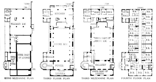 Floor plans, University Club Building, Los Angeles, California, 1923. Artist: Unknown.
