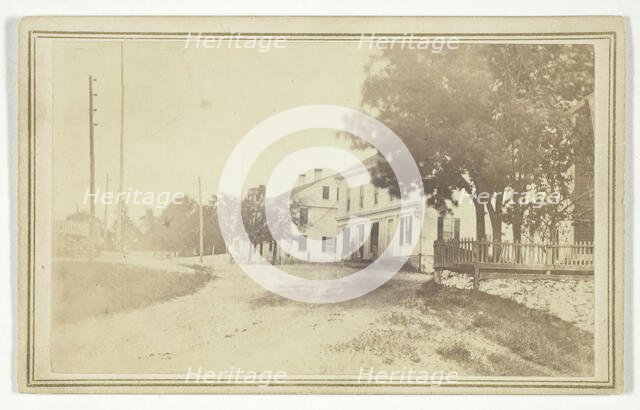 Untitled (view of road with white clapboard houses), mid-late 19th century.  Creator: T. Holmes.