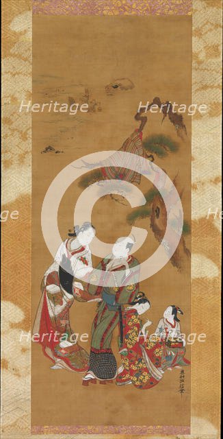 Yukihira and Two Brinemaidens at Suma, 18th century. Creator: Okumura Masanobu.