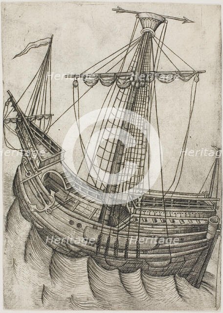 Ship with Sails Furled and Arrow Pointing to the Right, 1475/85. Creator: Master W. with the Key.