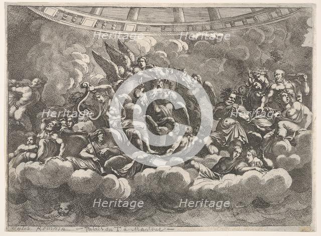 Gathering of various Olympian gods and mythological figures among clouds, Apollo at ce..., ca. 1680. Creator: Pietro Santi Bartoli.