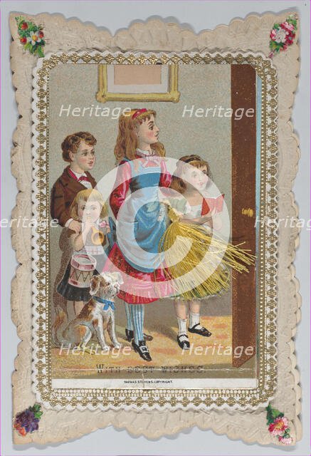 Valentine - Mechanical - pull down tassel reveals scene, ca. 1875., ca. 1875. Creator: Anon.