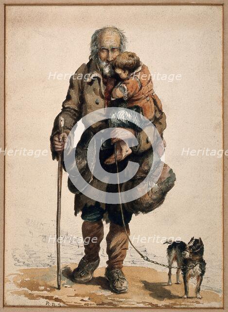 An old blind man holding a child walks guided by his stick and dog. Creator: Unknown.