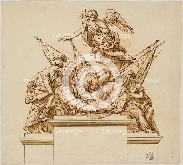 Warrior Accompanied by Britannia, Minerva, and Fame (recto); D..., c. 1733 (recto); c. 1740 (verso). Creators: John Michael Rysbrack, Richard Wilson.