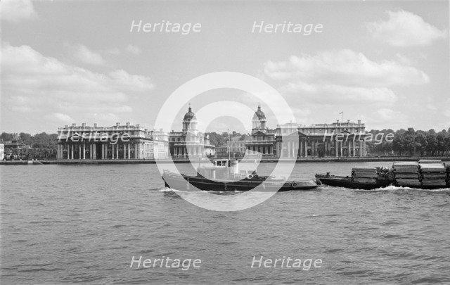 Royal Naval College, Greenwich, and tug boat on the River Thames, c1945-c1965. Artist: SW Rawlings