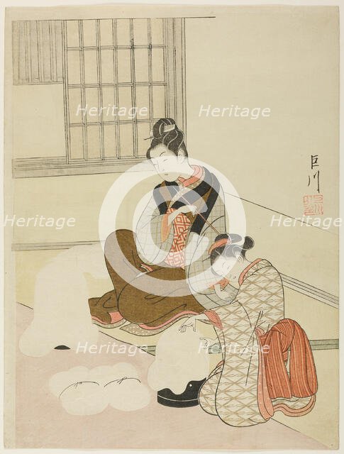 Evening Snow on a Floss Shaper (Nurioke no bosetsu), from the series "Eight Views of the...c. 1766. Creator: Suzuki Harunobu.