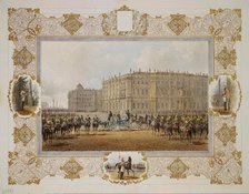Review of the Horse-Guardsmen Regiment in Front of the Winter Palace, 1850s. Artist: Sadovnikov, Vasily Semyonovich (1800-1879)