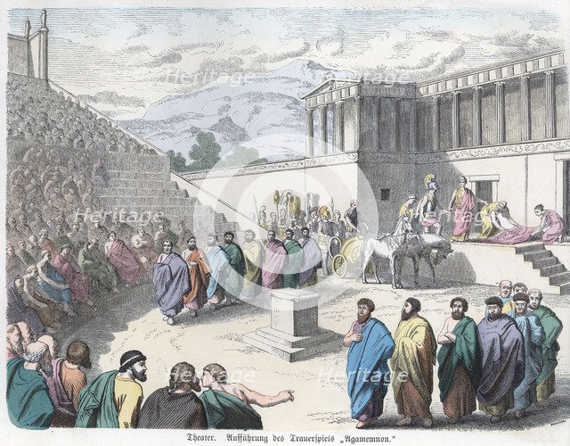 Ancient History. Greece. Theatre, representation of Agamemnon. German engraving, 1865.