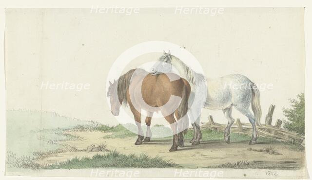 A brown and white horse on a road next to a fence, 1802. Creator: Jean Bernard.