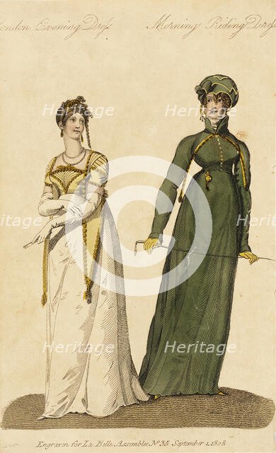 Fashion Plate (London Evening Dress - Morning Riding Dress), 1808. Creator: John Bell.