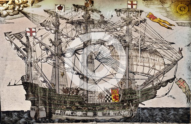A woodcut of a ship which is believed to be The Ark Royal, c1587. Artist: Unknown.