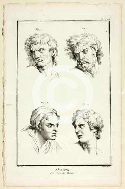 Drawing: Expressions of Emotion (Hate or Jealousy, Anger, Desire, Physical Pain), from ..., 1762/77. Creator: A. J. Defehrt.