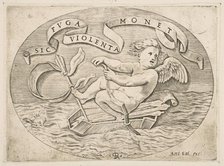 Eros Escaping by Sea; Cupid using his bow to propel a boat made from his quiver wit..., ca. 1515-27. Creator: Marco Dente.
