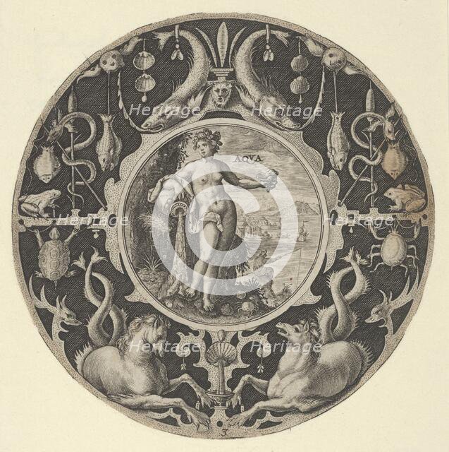 'Aqua' in a Decorative Border with Sea Creatures, from a Series of Circular Designs w..., 1590-1612. Creator: Crispijn de Passe I.